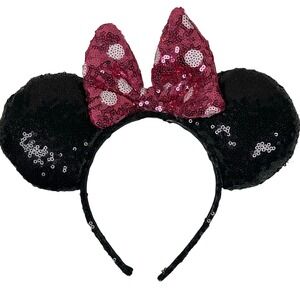 Disney Minnie Mouse Sequin Ears Headband Black Pink Polka Dot Bow‎ Classic